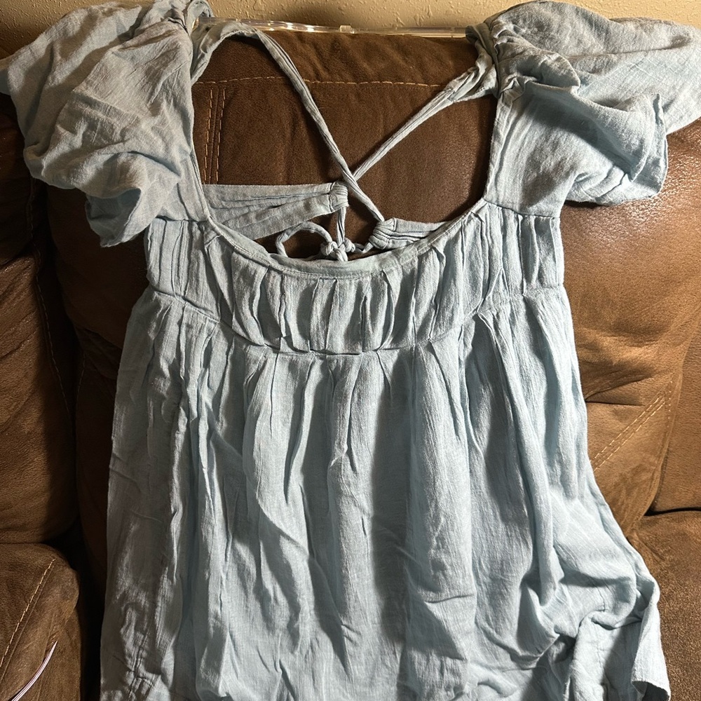 Free People Blue Ruffled Cap Sleeve Blouse